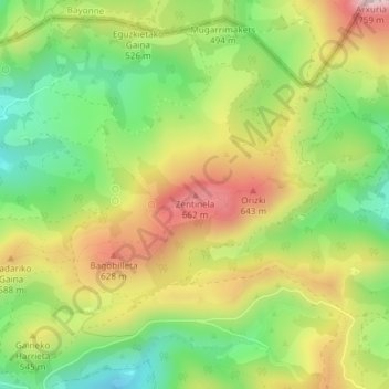 Carte topographique Zentinela, altitude, relief