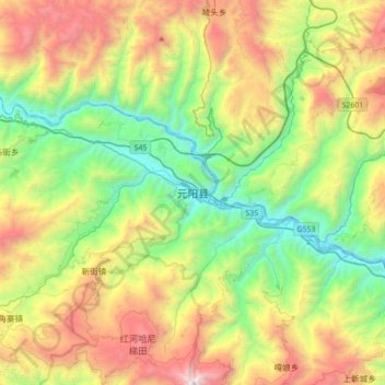 Carte topographique Yuanyang, altitude, relief