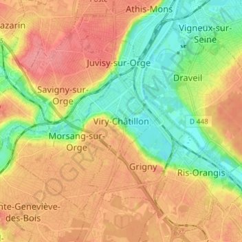 Carte topographique Viry-Châtillon, altitude, relief