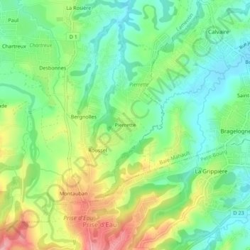 Carte topographique Pierrette, altitude, relief