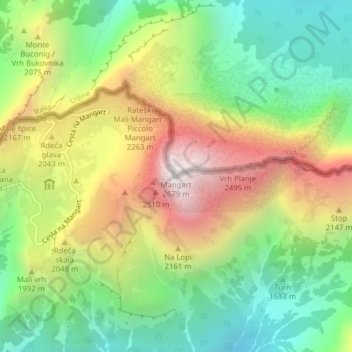 Carte topographique Mangart, altitude, relief