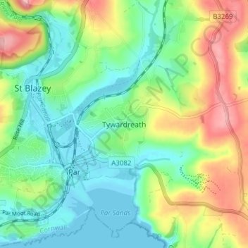 Carte topographique Tywardreath, altitude, relief