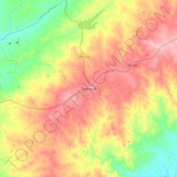 Carte topographique Zebreira, altitude, relief
