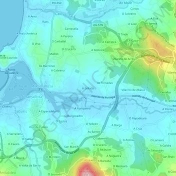 Carte topographique A Golada, altitude, relief