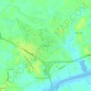 Carte topographique Bridgewater, altitude, relief