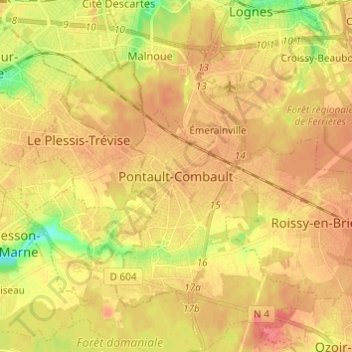 Carte topographique Pontault-Combault, altitude, relief
