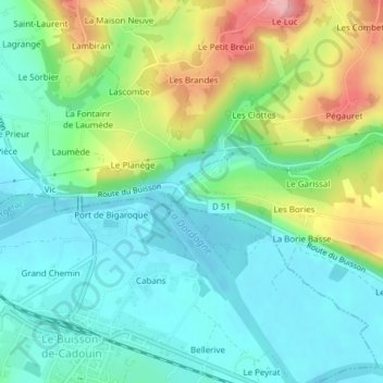 Carte topographique Bigaroque, altitude, relief