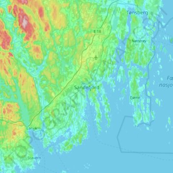 Carte topographique Sandefjord, altitude, relief