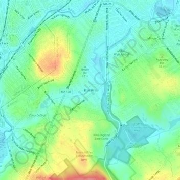 Carte topographique Blue Hills, altitude, relief