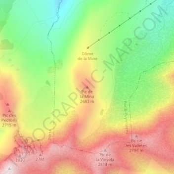 Carte topographique Pic de la Mina, altitude, relief