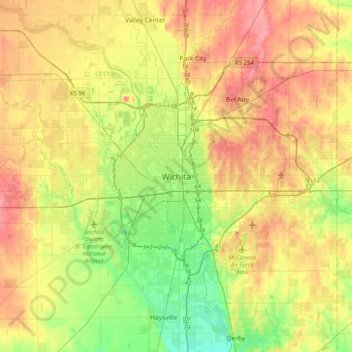 Carte topographique Wichita, altitude, relief