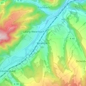 Carte topographique Weierbach, altitude, relief