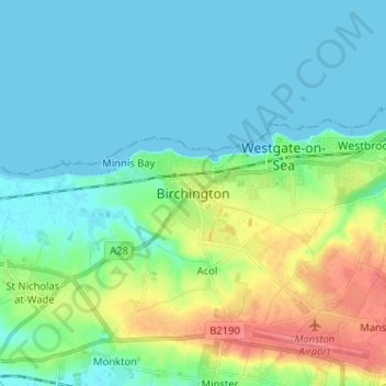 Carte topographique Birchington, altitude, relief