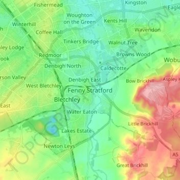 Carte topographique Fenny Stratford, altitude, relief