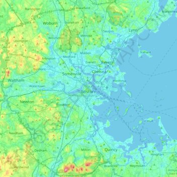 Carte topographique Boston, altitude, relief