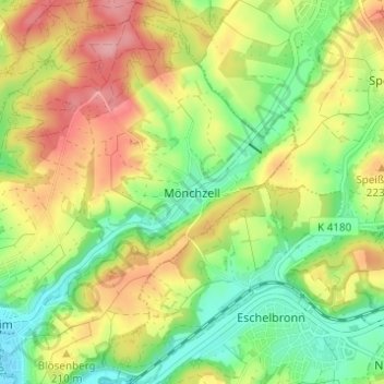 Carte topographique Mönchzell, altitude, relief