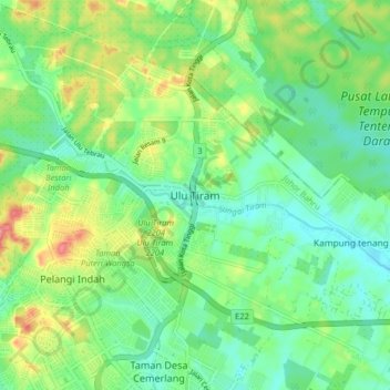 Carte topographique Ulu Tiram, altitude, relief