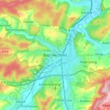 Carte topographique Bad Hersfeld, altitude, relief