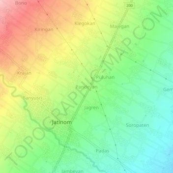 Carte topographique Pandeyan, altitude, relief