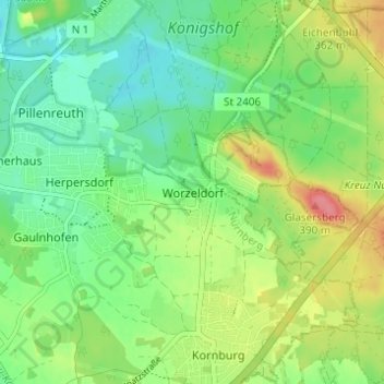 Carte topographique Worzeldorf, altitude, relief