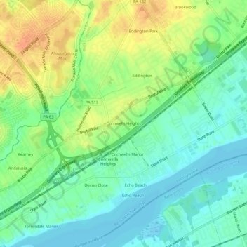 Carte topographique Cornwells Heights, altitude, relief