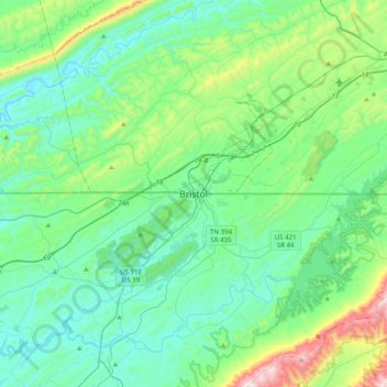 Carte topographique Bristol, altitude, relief