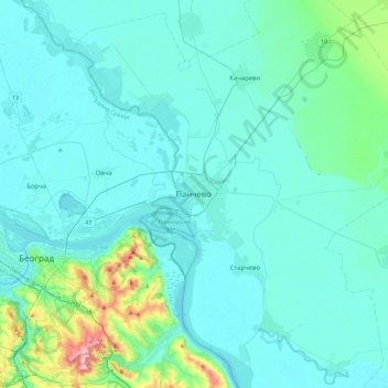 Carte topographique Pančevo, altitude, relief