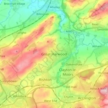 Carte topographique Great Harwood, altitude, relief