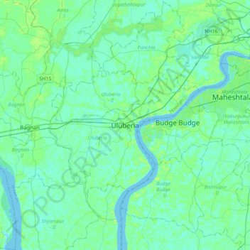 Carte topographique Uluberia, altitude, relief