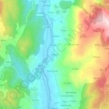 Carte topographique O Coedo, altitude, relief