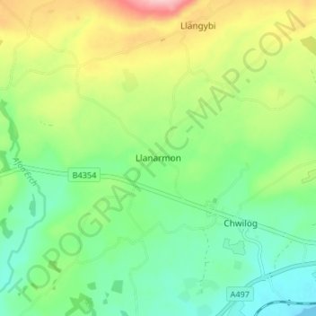 Carte topographique Llanarmon, altitude, relief