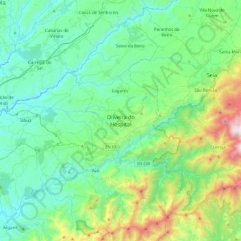 Carte topographique Oliveira do Hospital, altitude, relief