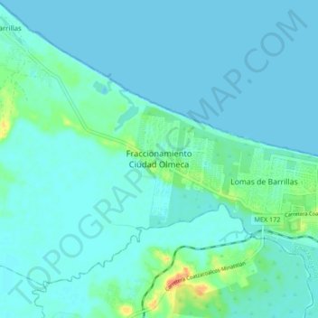 Carte topographique Fraccionamiento Ciudad Olmeca, altitude, relief