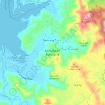 Carte topographique Kecamatan Sekotong, altitude, relief