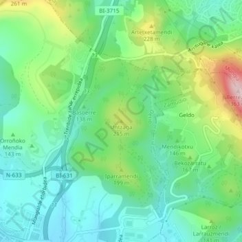 Carte topographique Untzaga, altitude, relief