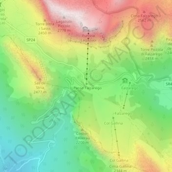 Carte topographique Falzarego Pass, altitude, relief