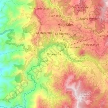 Carte topographique Villamaría, altitude, relief