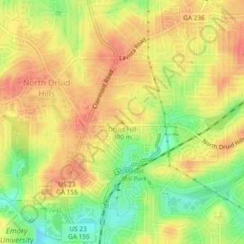 Carte topographique Druid Hill, altitude, relief