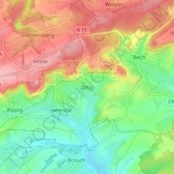 Carte topographique Zittig, altitude, relief