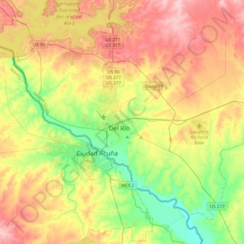 Carte topographique Del Rio, altitude, relief