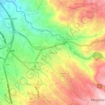 Carte topographique Gadog, altitude, relief