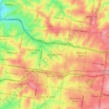 Carte topographique Box Hill North, altitude, relief