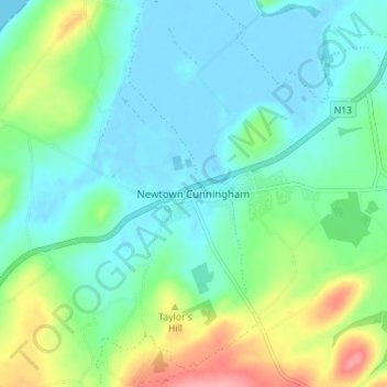 Carte topographique Newtown Cunningham, altitude, relief