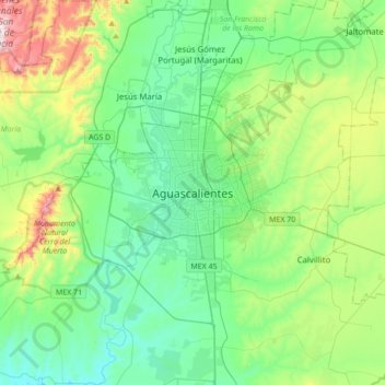 Carte topographique Aguascalientes, altitude, relief