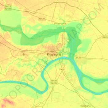 Carte topographique Prayagraj, altitude, relief