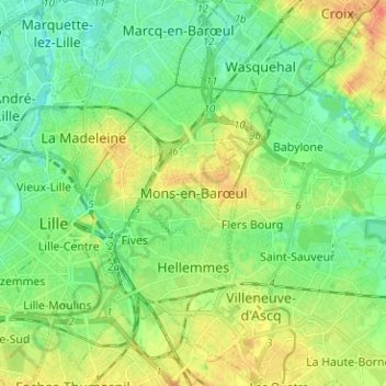 Carte topographique Mons-en-Barœul, altitude, relief