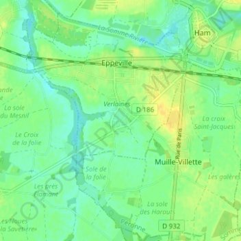 Carte topographique Verlaines, altitude, relief