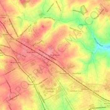 Carte topographique Bryn Mawr, altitude, relief