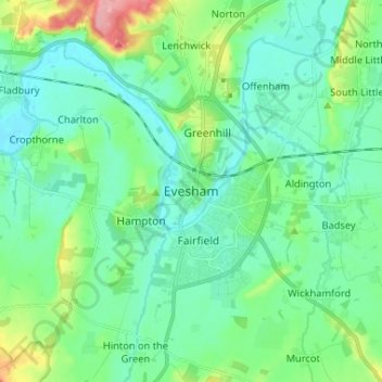 Carte topographique Evesham, altitude, relief