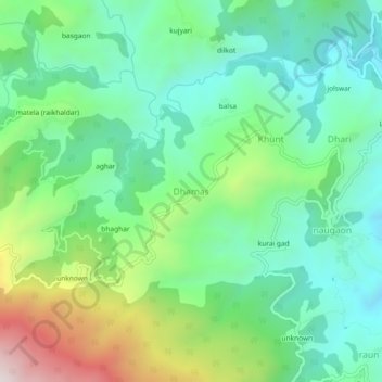 Carte topographique Dhamas, altitude, relief